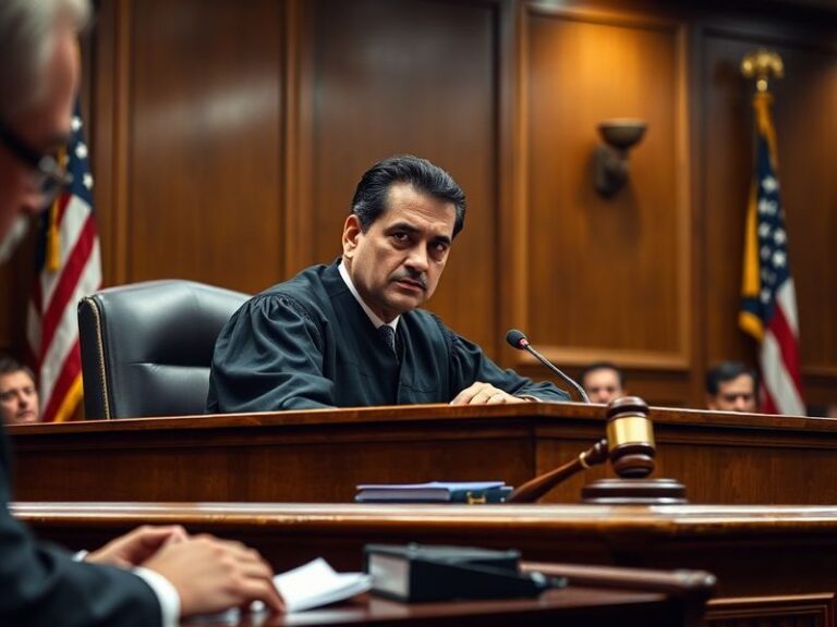A courtroom sketch of a judge in a black robe asking questions to a seated attorney, with a gavel and legal documents visible