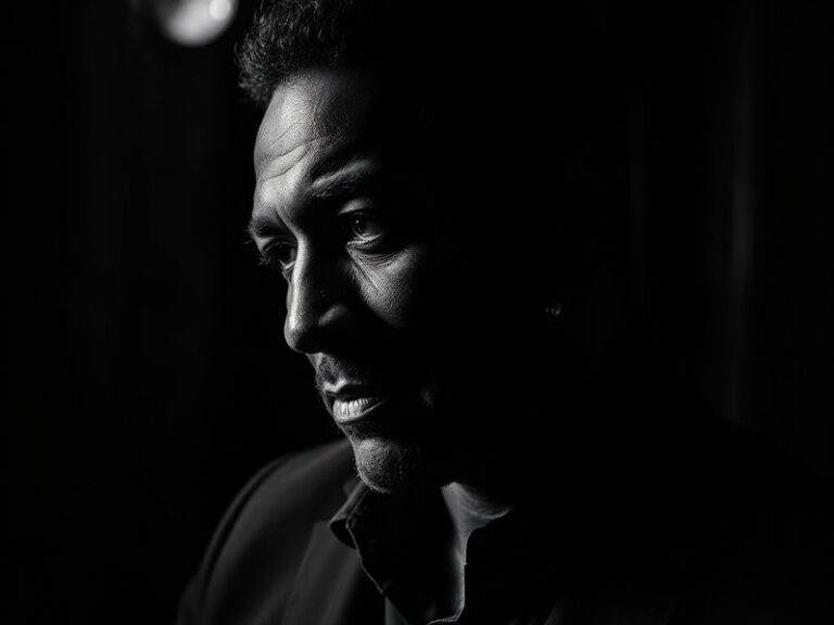 A moody, cinematic portrait of Tony Todd in character as the Candyman, standing in a dark alley with a hook in hand, his face