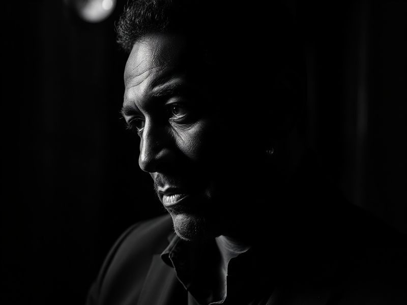 A moody, cinematic portrait of Tony Todd in character as the Candyman, standing in a dark alley with a hook in hand, his face