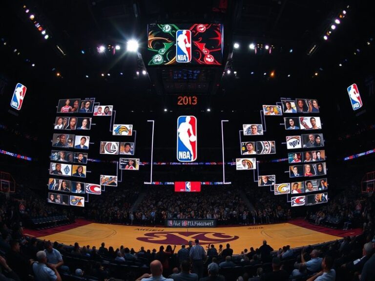 A dynamic graphic of the 2024 NBA playoff bracket with team logos, seedings, and a basketball court background. The image sho