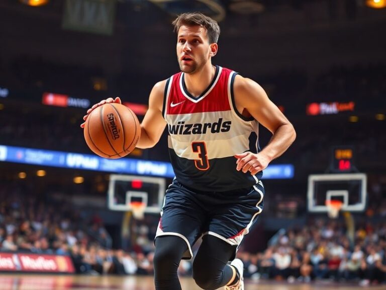 Deni Avdija in action during a Washington Wizards game, showcasing his versatility and intensity on the court with a blurred