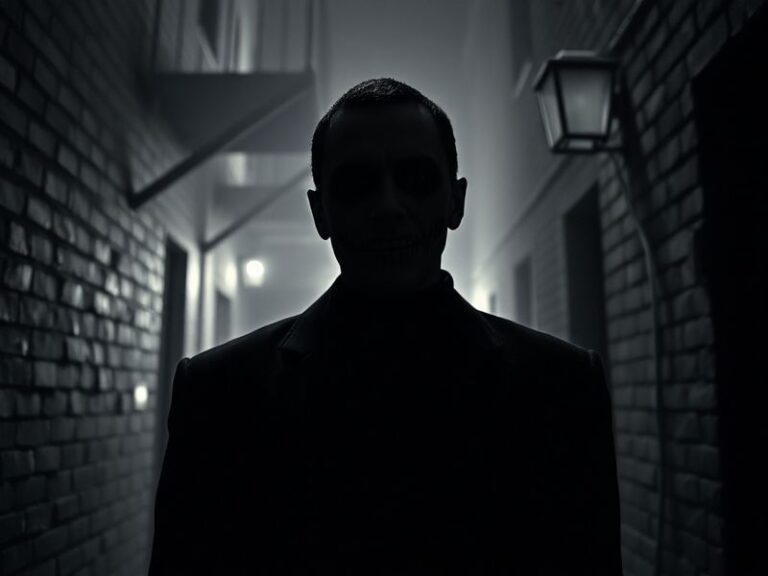 A moody portrait of Tony Todd in character as Candyman, standing in front of a mirror with the Candyman hook visible. The sce