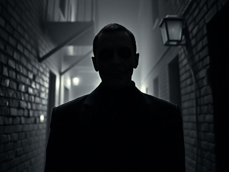 A moody portrait of Tony Todd in character as Candyman, standing in front of a mirror with the Candyman hook visible. The sce