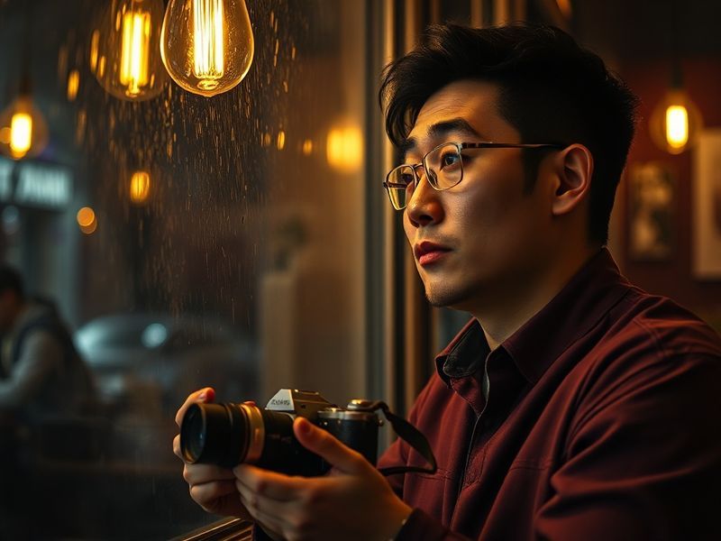 A candid portrait of Dante Chen in a studio setting, surrounded by mixed-media artworks. Warm ambient lighting, shelves of ca