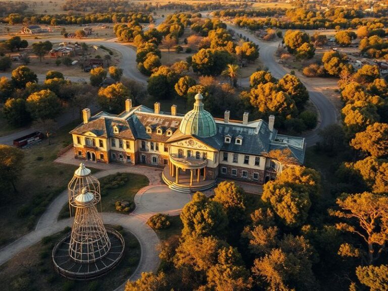 A wide-angle shot of the rolling hills of Santa Ynez Valley with the silhouette of Neverland Ranch’s mansion in the distance,