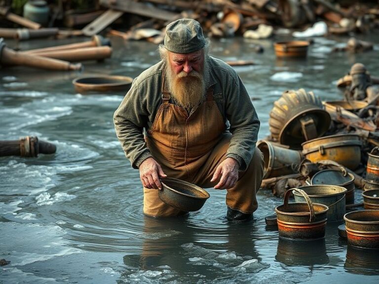 A rugged Tony Beets in full mining gear, standing in front of a massive excavator on a snowy Yukon landscape, with a golden s