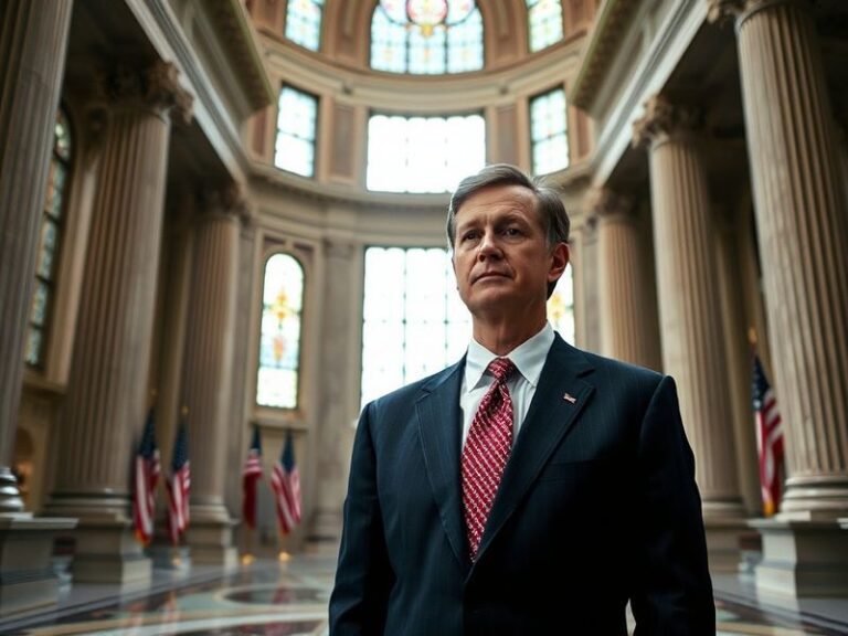 A professional portrait of Tate Reeves in a Mississippi state capitol setting, dressed in business attire with the American a