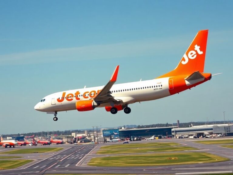 A modern Jet2.com aircraft parked at a UK regional airport during sunset, with passengers boarding in the background. The sce