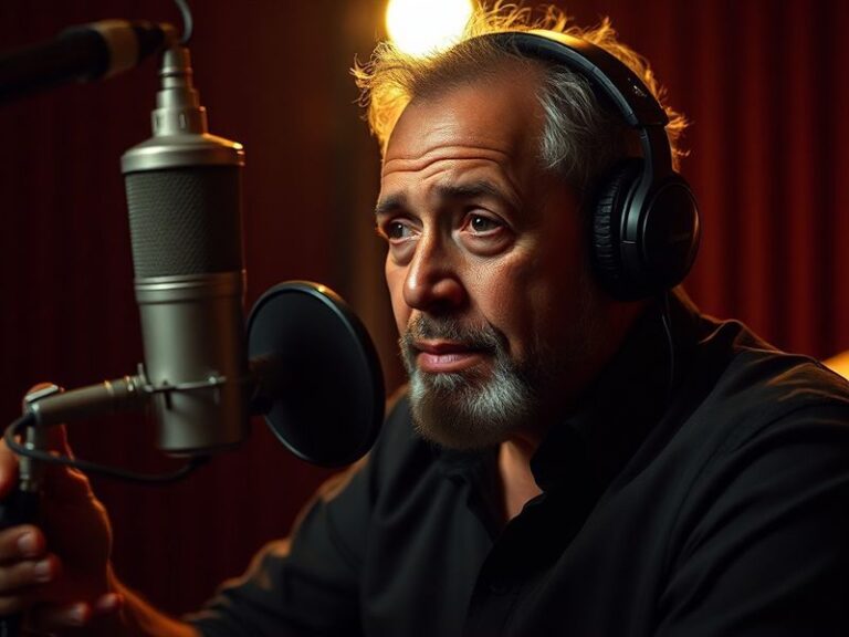 A dramatic portrait of Tony Todd in a recording studio, wearing headphones and delivering a powerful vocal performance. The s