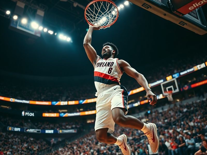Scoot Henderson in a Trail Blazers jersey mid-game, driving to the basket with defenders closing in, showcasing his athletici