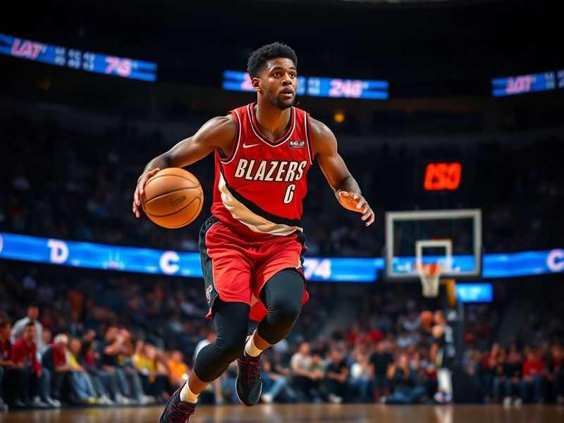 A dynamic action shot of Scoot Henderson in a Portland Trail Blazers jersey, mid-dribble with a focused expression, surrounde