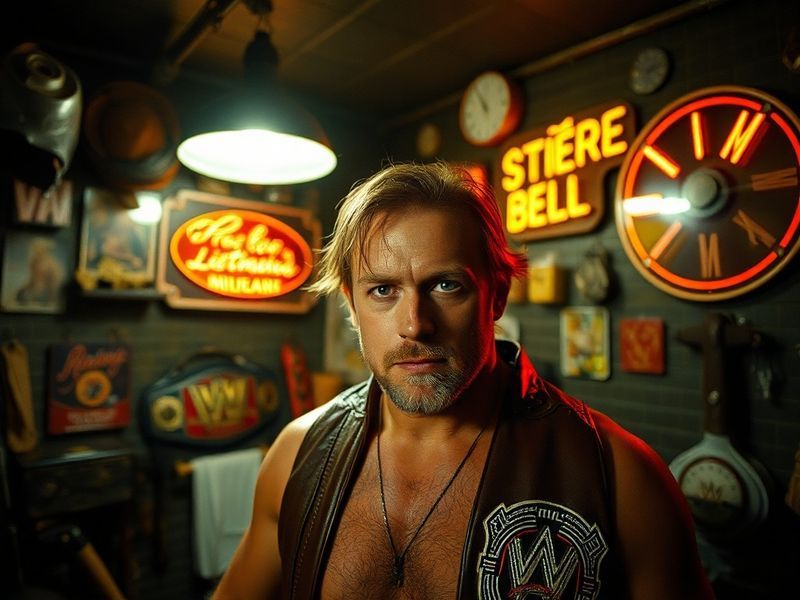 A dynamic action shot of a professional athlete mid-training, surrounded by high-tech fitness equipment and a holographic dis