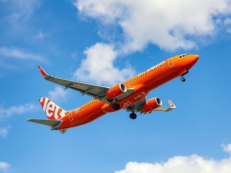 A vibrant travel scene featuring a Jet2.com Boeing 737 aircraft parked at a sunny Mediterranean airport, with holidaymakers a