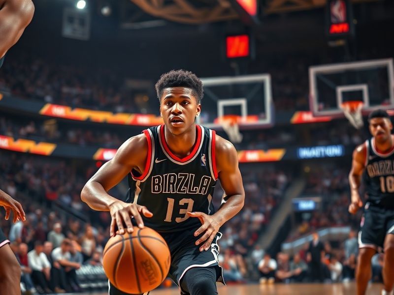 A dynamic action shot of Scoot Henderson in a Portland Trail Blazers jersey, mid-dribble with a focused expression, surrounde