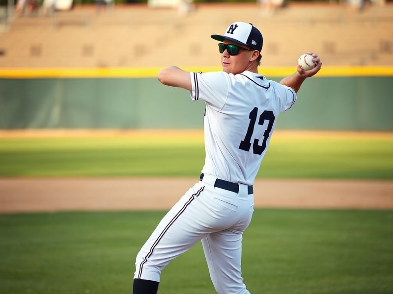 A mid-action shot of Corbin Martin pitching in a major league game, wearing a blue and orange uniform, with a stadium crowd b