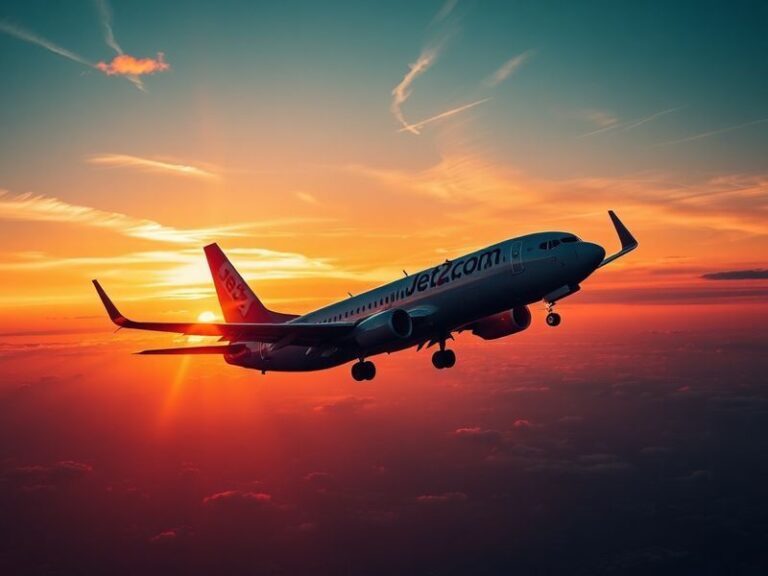 A Jet2.com aircraft taking off from a UK regional airport, with passengers boarding in the background. The scene captures a s