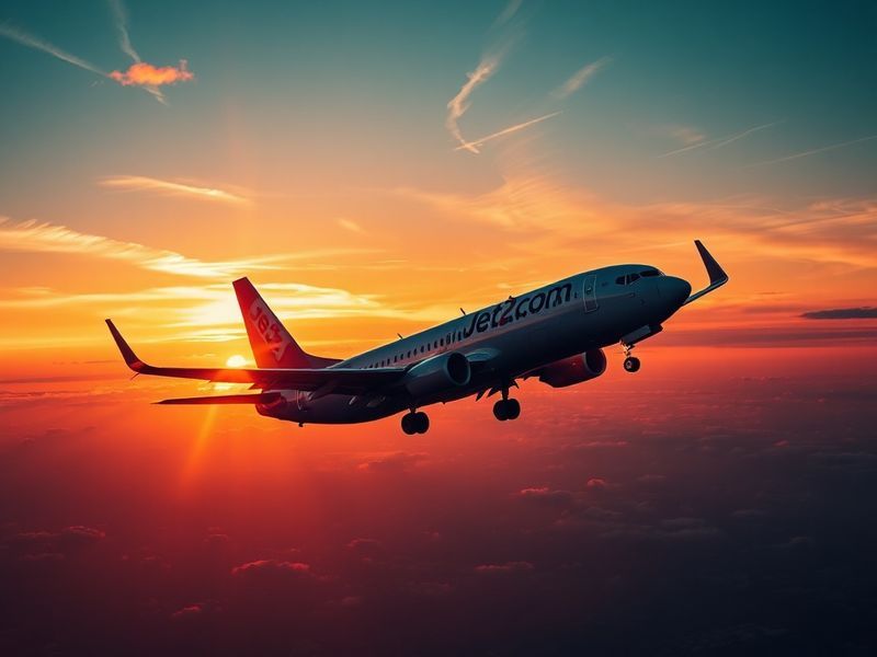 A Jet2.com aircraft taking off from a UK regional airport, with passengers boarding in the background. The scene captures a s