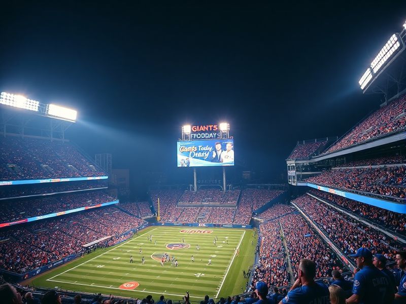A dynamic shot of the New York Giants on the field during a game, featuring players in action, the stadium crowd in the backg