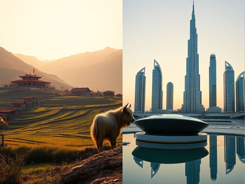 A split-image visual showing Dubai’s futuristic skyline on one side and a bustling port in a developing nation on the other,