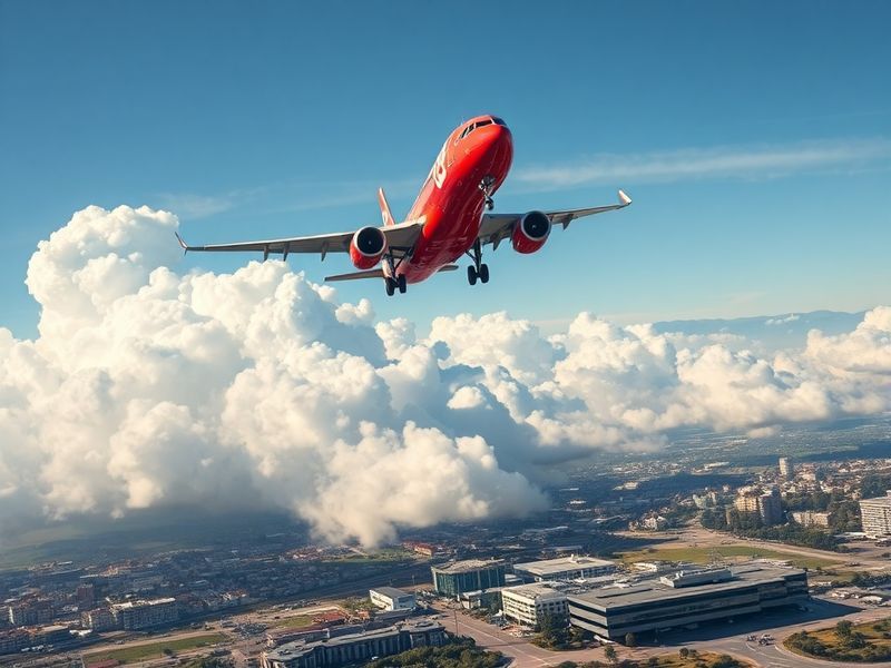 A bustling Jet2 aircraft on a sunny runway, with passengers boarding and tropical destination posters in the background. The