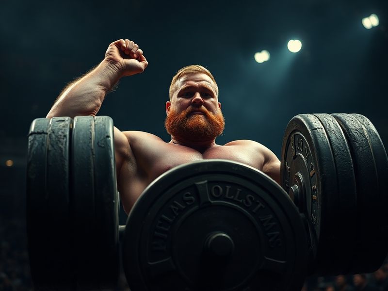 A dynamic shot of Tom Stoltman mid-lift during a strongman competition, showcasing his muscular physique, intense focus, and