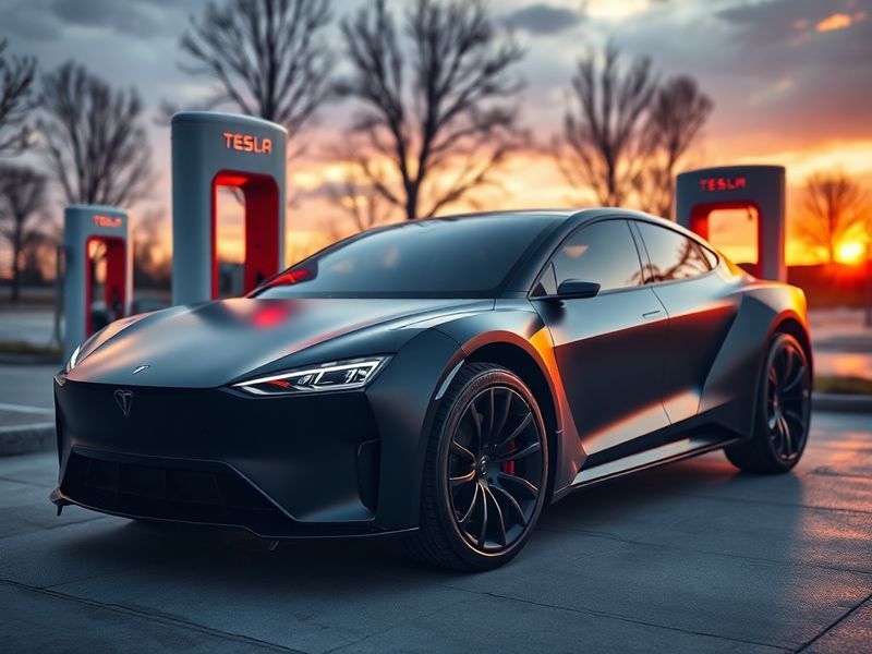 A sleek Tesla Cybertruck parked on a futuristic road at dusk, with angular stainless-steel body reflecting neon lights and a