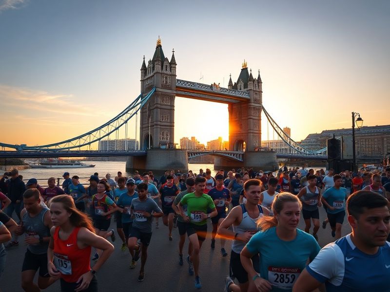 A vibrant shot of the London Marathon with runners crossing Tower Bridge, surrounded by cheering spectators, Union Jack flags