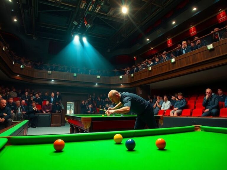 A vibrant scene from the Snooker World Championship at the Crucible Theatre in Sheffield. The image features players in actio