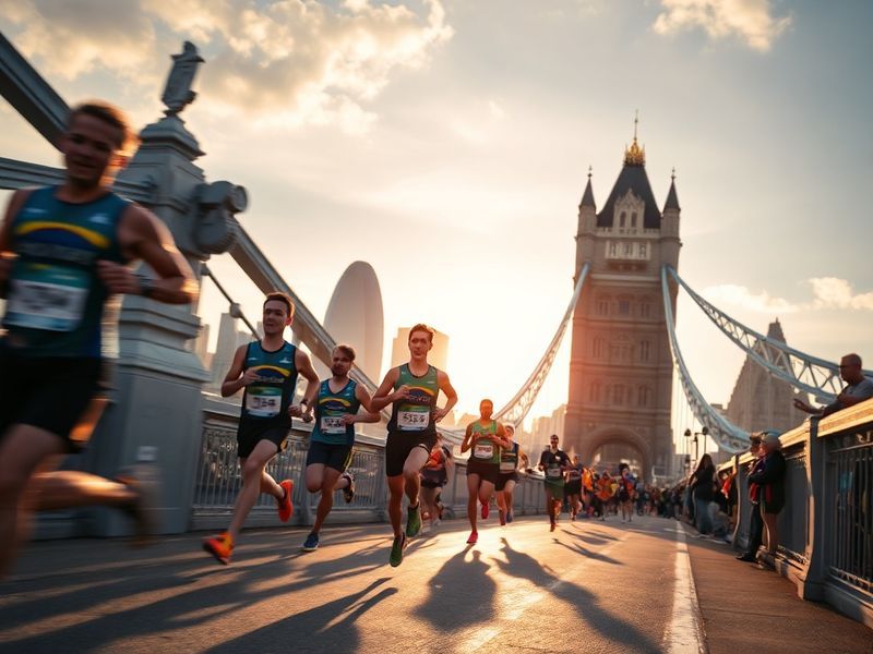A vibrant shot of the London Marathon route at sunrise, showing runners crossing Tower Bridge with the London skyline in the