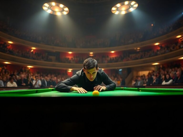 A vibrant scene from the Snooker World Championship at the Crucible Theatre in Sheffield, featuring a player in mid-shot with