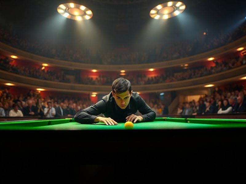 A vibrant scene from the Snooker World Championship at the Crucible Theatre in Sheffield, featuring a player in mid-shot with
