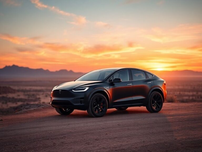 A side-angle shot of the Tesla Cybertruck on an open highway at sunset, showcasing its angular stainless steel design and dra