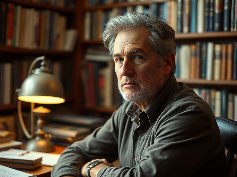 A warm, professional portrait of Zeb Soanes in a recording studio, surrounded by subtle soundwave graphics and faint illustra