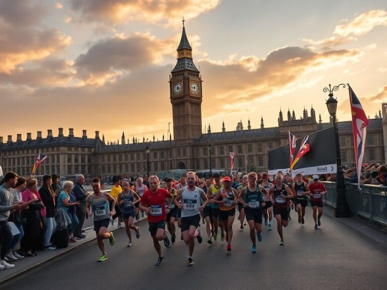 A vibrant aerial shot of the London Marathon route at sunrise, showing runners on Tower Bridge with St. Paul's Cathedral in t
