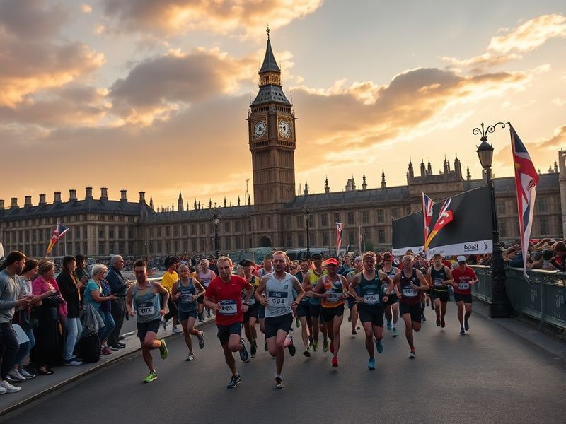 A vibrant aerial shot of the London Marathon route at sunrise, showing runners on Tower Bridge with St. Paul's Cathedral in t
