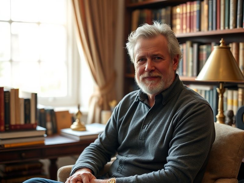 A professional portrait of Zeb Soanes in a recording studio, wearing headphones and speaking into a microphone, with soft stu