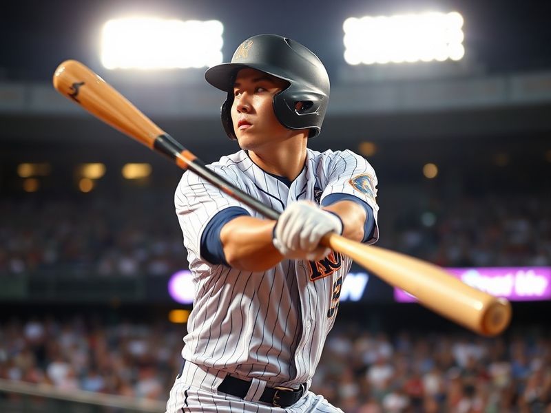 A dynamic action shot of Jung Hoo Lee mid-swing during a KBO game, wearing a Doosan Bears uniform, with the stadium crowd blu