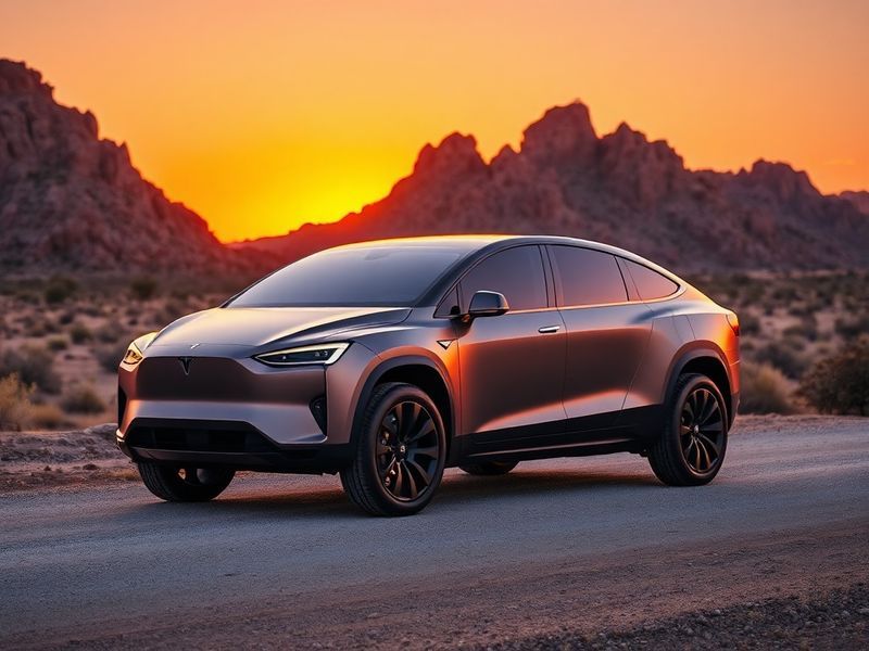 A side-angle shot of the Tesla Cybertruck in matte black, parked on a city street at dusk, with neon lights reflecting on its