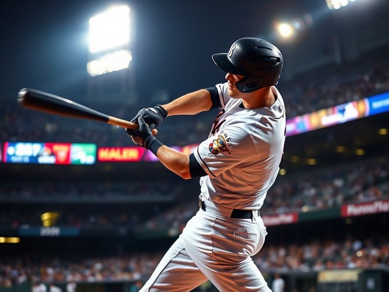 A dynamic action shot of Jung Hoo Lee in a San Francisco Giants uniform, mid-swing with a focused expression, surrounded by t