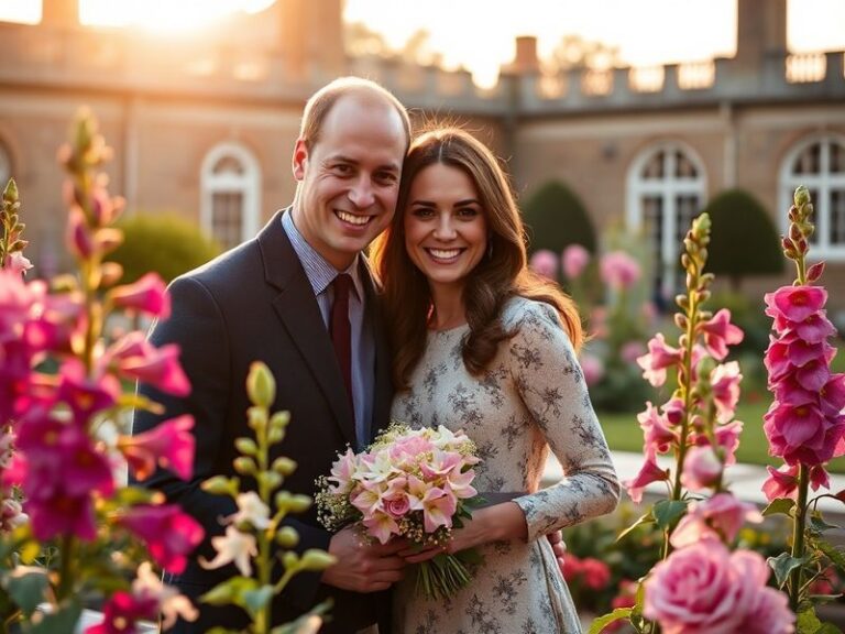 A warm, softly lit photo of William and Kate embracing at a private celebration with their three children nearby, dressed in