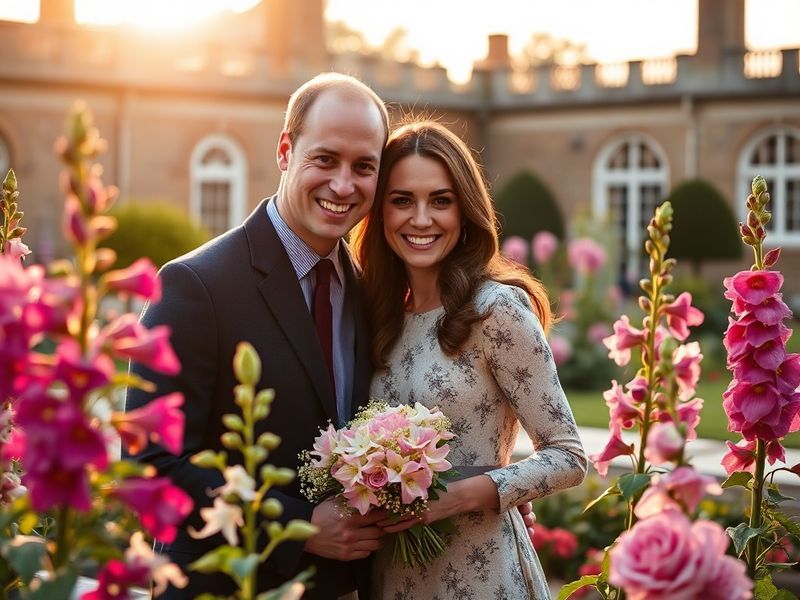 A warm, softly lit photo of William and Kate embracing at a private celebration with their three children nearby, dressed in