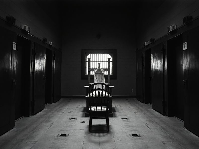 A split-image illustration showing a modern lethal injection chamber on one side and a historic execution by firing squad on