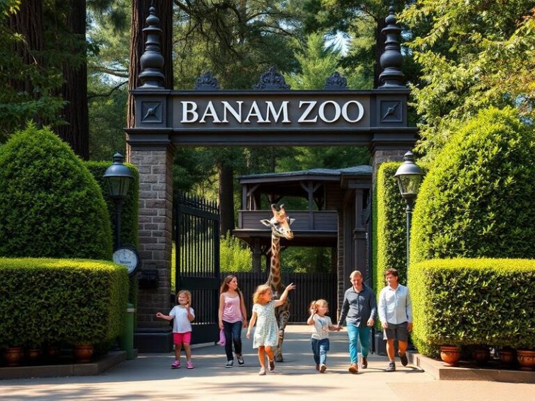 A vibrant daytime scene at Banham Zoo featuring children observing lemurs in a lush, green enclosure with a wooden walkway an