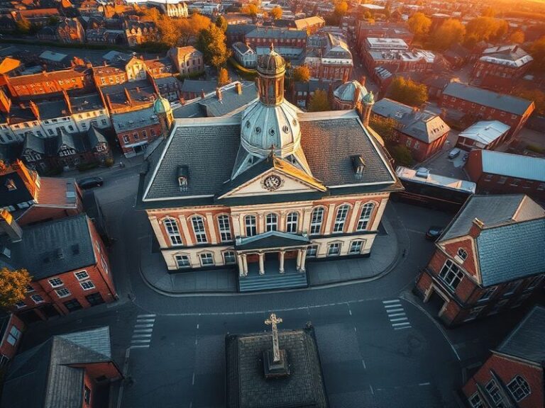 A wide-angle shot of Rochdale town centre, showing a mix of historic and modern buildings under a cloudy sky, with the Rochda