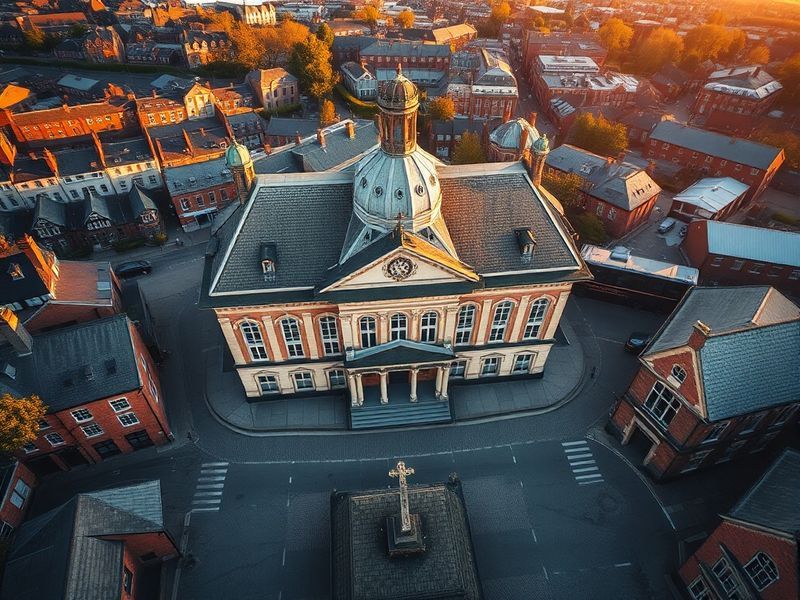 A wide-angle shot of Rochdale town centre, showing a mix of historic and modern buildings under a cloudy sky, with the Rochda