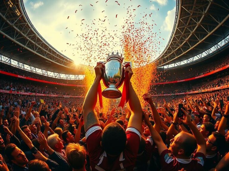 A vibrant scene of the FA Cup Final at Wembley Stadium, with fans in colorful scarves, players celebrating on the pitch, and