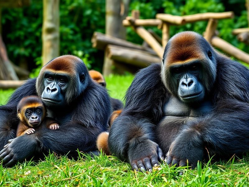 A vibrant daytime scene at Banham Zoo, featuring lush green enclosures, families observing animals, and a Sumatran tiger in a