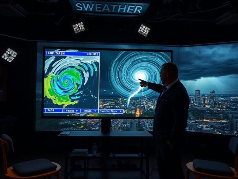 A meteorologist in a WLBT Weather studio pointing to a high-tech radar screen showing a storm system over Mississippi. The sc