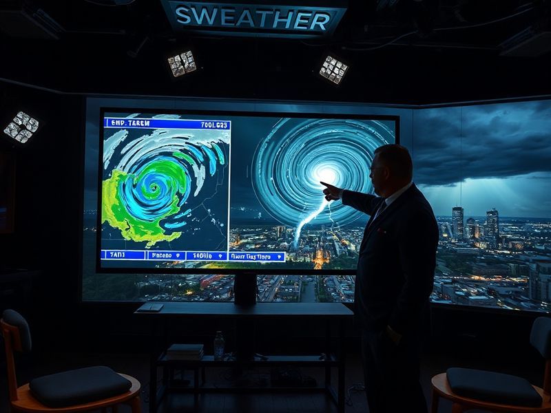 A meteorologist in a WLBT Weather studio pointing to a high-tech radar screen showing a storm system over Mississippi. The sc