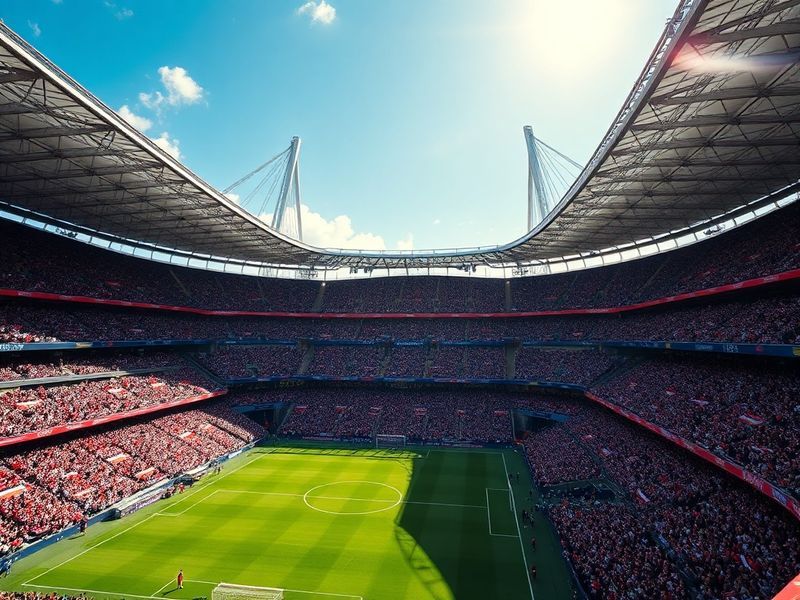 A vibrant image of the FA Cup trophy gleaming under stadium lights, with fans in historic jerseys cheering in the background,